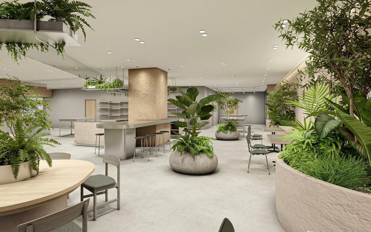 プレスリリースで公開された NODERIUM/SØHOLM CAFE 店内の完成予想図。天井と床の観葉植物、大型の植栽ポット、テーブル席とカウンター席が並ぶ