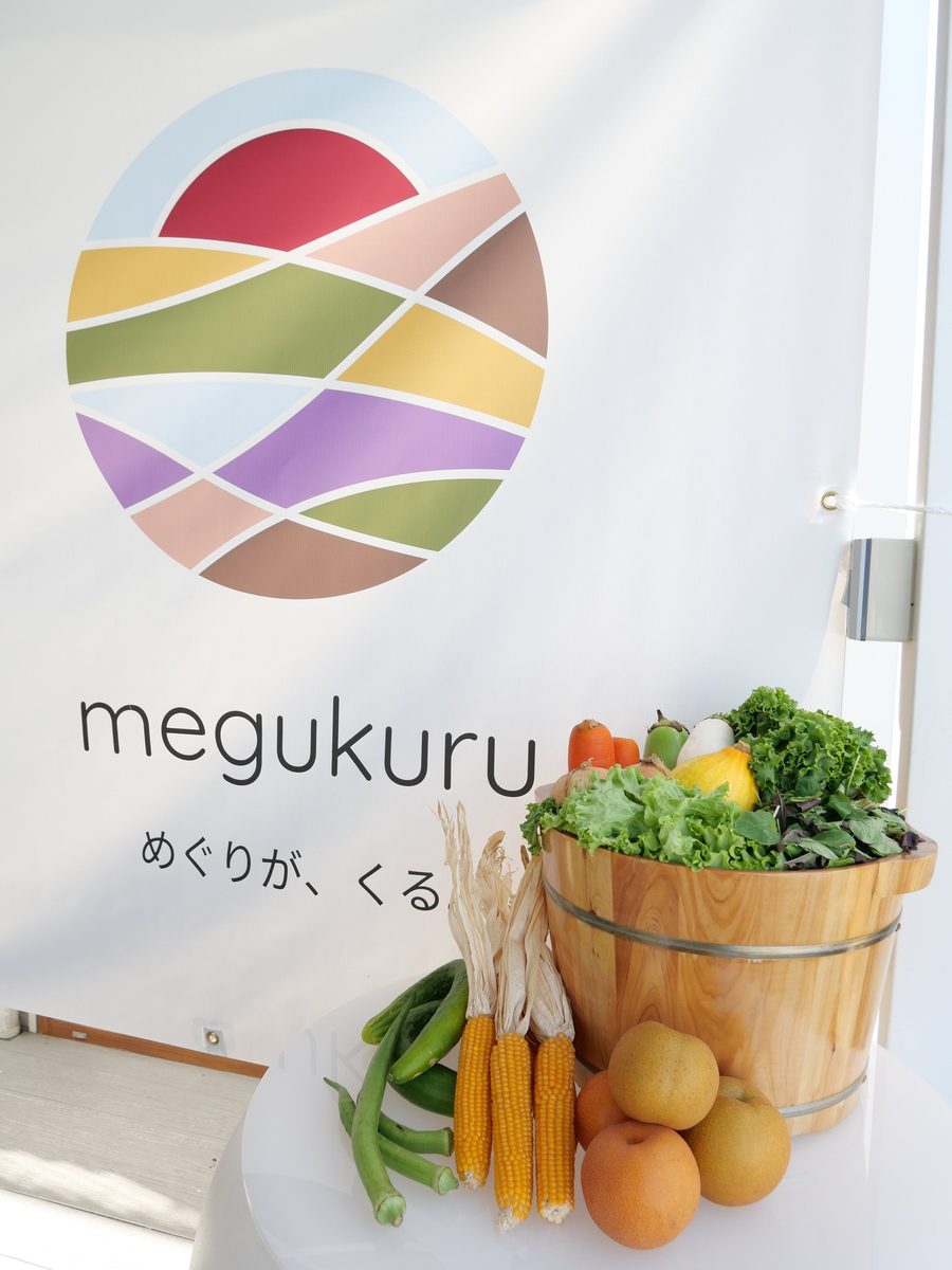 「megukuru めぐりが、くる」のロゴが掲げられた壁と、木桶に盛られた野菜や果物