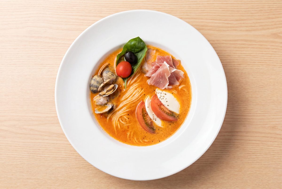 白い皿に盛られた、トマト色のスープの細麺。あさりと生ハム、モッツァレラ、トマト、バジルが添えられている