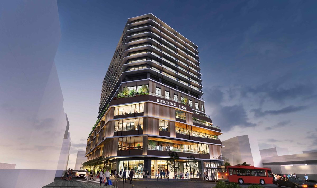 夕景の駅前から見た JIYUGAOKA MUSE SQUARE の外観完成予想図