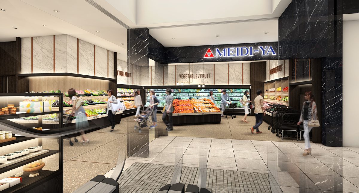 明治屋の店内完成予想図。商品が並ぶ棚とレジカウンター、上部に MERIDIAN のサイン