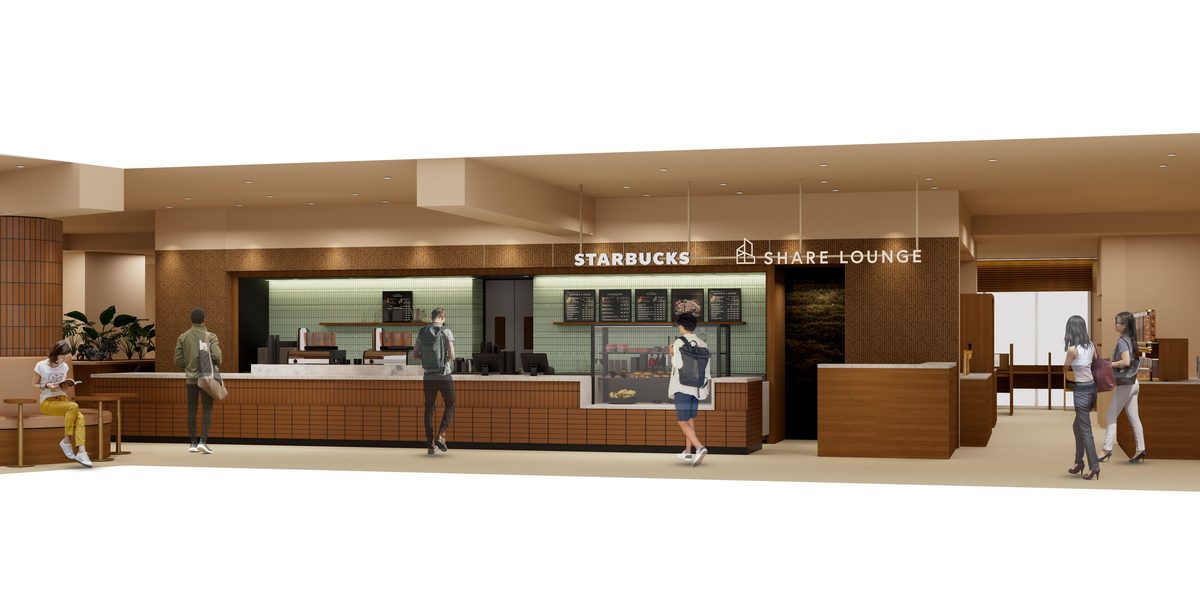 MUSE SQUARE 内のラウンジ・カフェ空間の完成予想図。長いカウンターとテーブル席