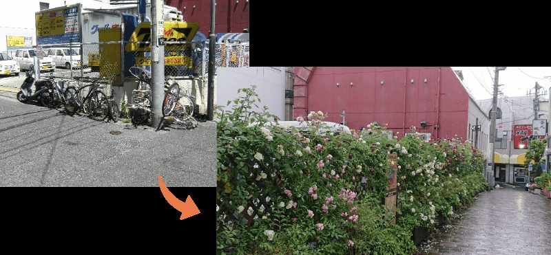 左に、自転車やバイクが雑然と置かれた歩道脇の街角。オレンジの矢印の先の右に、トレリスいっぱいにピンクと白のバラが咲き、その脇を石畳の細い道が奥へ続く様子