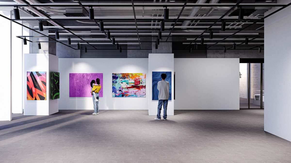 mimimi JIYUGAOKA のアートギャラリーのイメージ図。白い壁と可動壁に色鮮やかな絵画が5点掛けられ、天井のスポットライトが照らしている。来場者2人が後ろ姿で作品を見ている