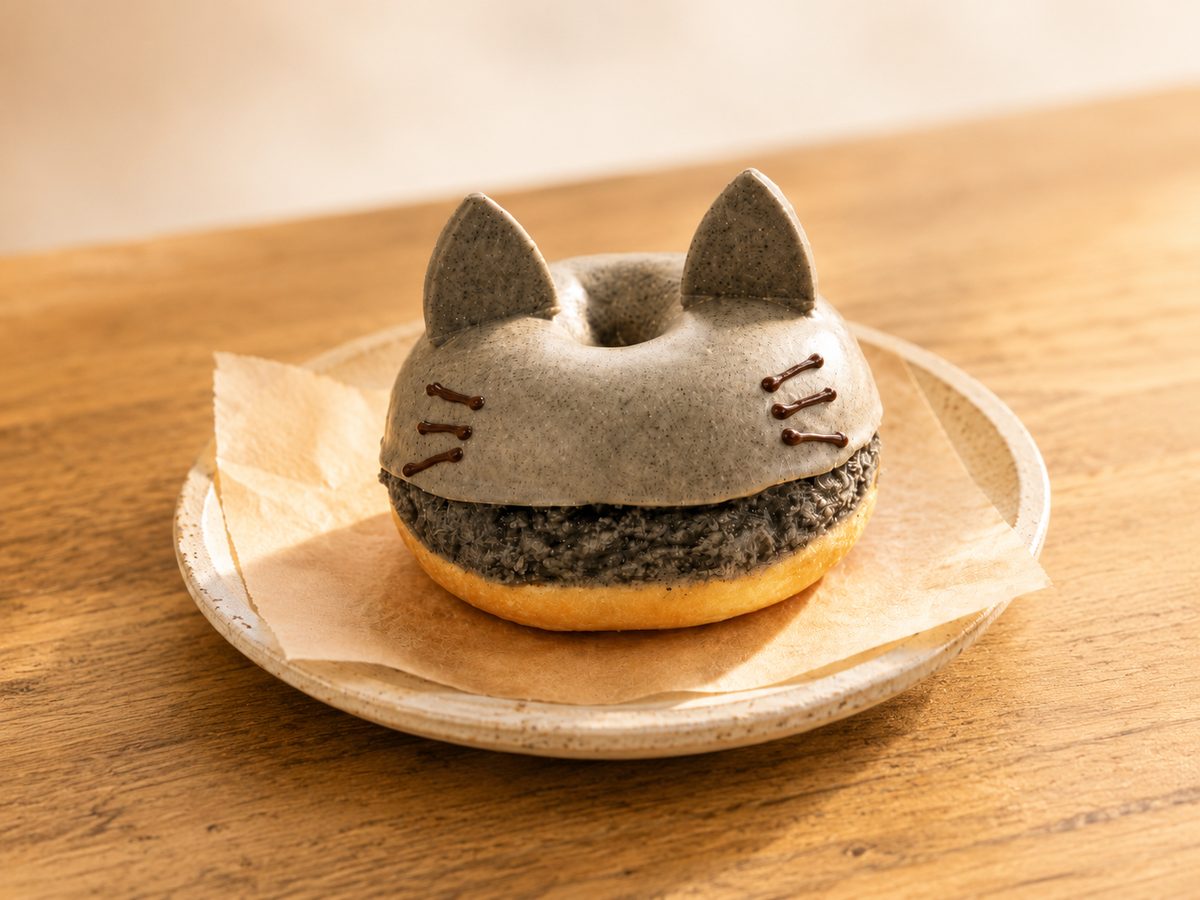 白い皿の紙の上に置かれた、猫の顔をかたどったベーグル。灰色のグレーズに三角の耳とひげが描かれ、下半分は黒い生地