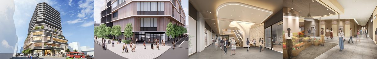JIYUGAOKA MUSE SQUARE の完成予想パノラマ。外観、駅前の歩道、共用部、店舗内観の 4 カットが横に並ぶ。