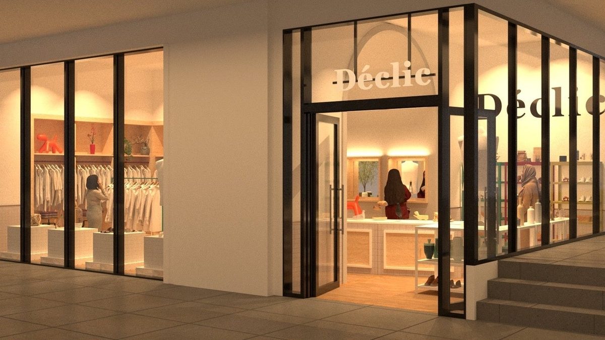 Déclic 自由が丘店の店舗外観完成予想図。夕景の中でガラス張りの入口に Déclic の文字が入り、内部にウェアと商品什器が並ぶ