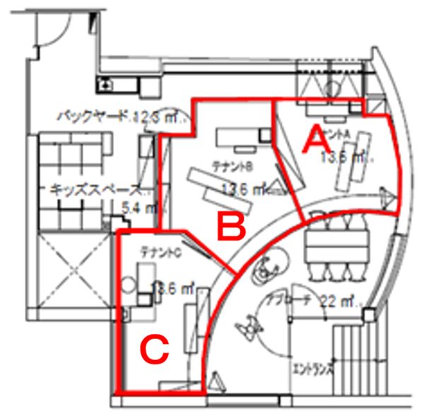 創の実 自由が丘の区画図。テナント A・B・C の 3 区画が赤枠で示され、いずれも 13.6 平米